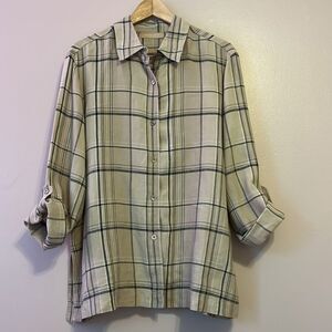 Kate Hill Casual Women’s Plaid 100% Linen Button Down Top Tunic Tan/Black Sz XL